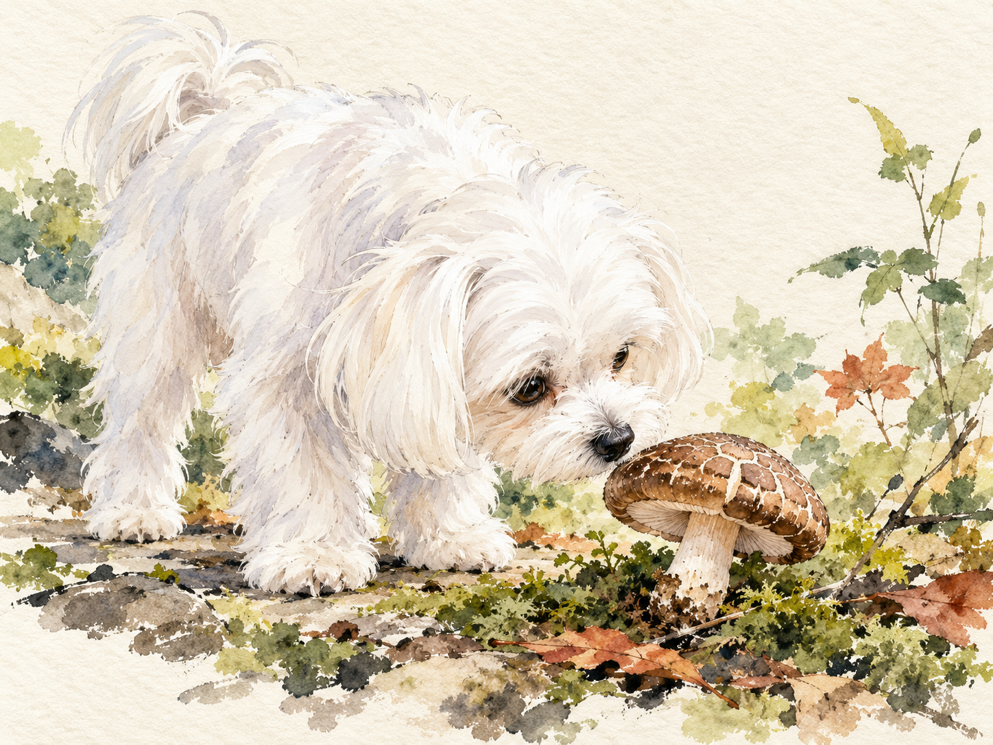 White fluffy dog sniffing a brown mushroom surrounded by moss and garden flowers in watercolor style