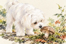 White fluffy dog sniffing a brown mushroom surrounded by moss and garden flowers in watercolor style