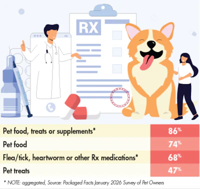 Veterinarian with happy corgi and pet healthcare statistics showing 86% use pet food, treats or supplements