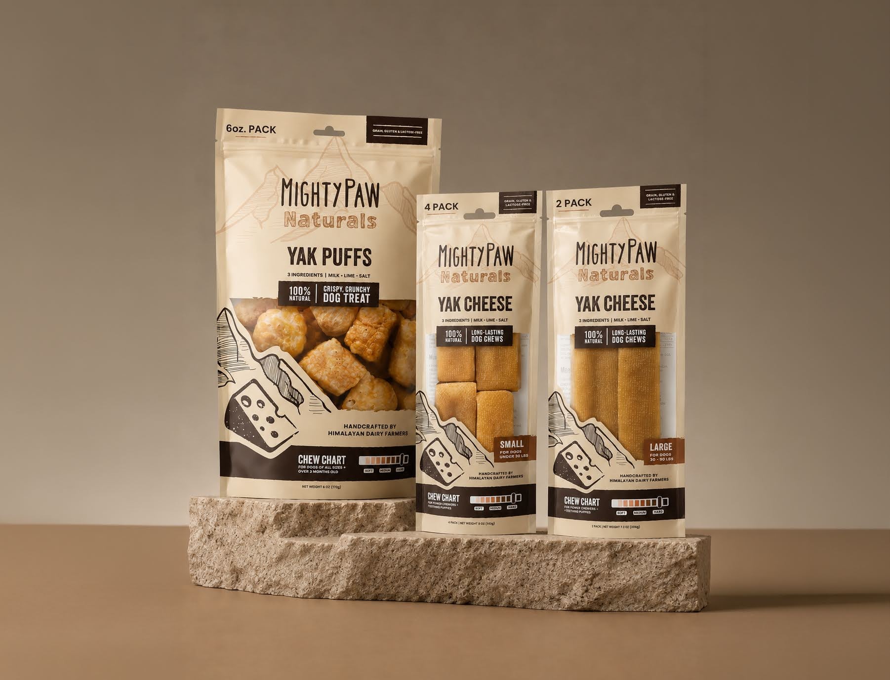 Mighty Paw Naturals yak cheese and puff dog treats in three package sizes displayed on a stone platform