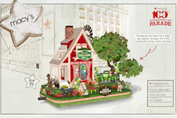 Macy's Thanksgiving Day Parade promotional illustration featuring an elaborate dog-themed parade float with red house, green tree, and vintage-style design elements