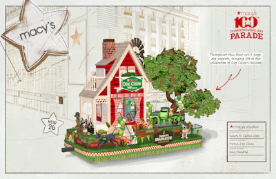 Macy's Thanksgiving Day Parade promotional illustration featuring an elaborate dog-themed parade float with red house, green tree, and vintage-style design elements