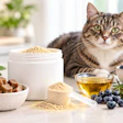 Tabby cat with pet nutrition ingredients including salmon, blueberries, powder supplements, oil, and fresh herbs on white surface