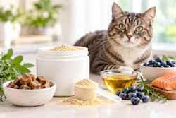 Tabby cat with pet nutrition ingredients including salmon, blueberries, powder supplements, oil, and fresh herbs on white surface