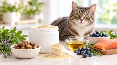 Tabby cat with pet nutrition ingredients including salmon, blueberries, powder supplements, oil, and fresh herbs on white surface