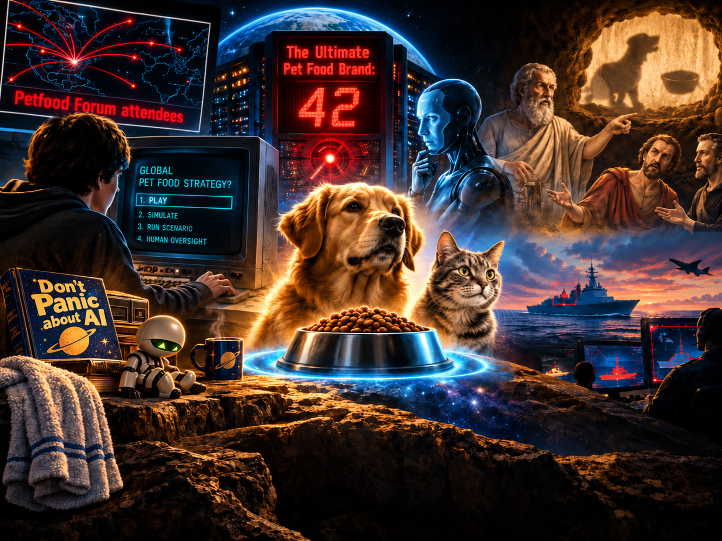 Surreal sci-fi collage featuring a golden dog and tabby cat at a glowing food bowl, surrounded by computer monitors, digital displays, people, and cosmic imagery