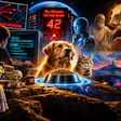 Surreal sci-fi collage featuring a golden dog and tabby cat at a glowing food bowl, surrounded by computer monitors, digital displays, people, and cosmic imagery