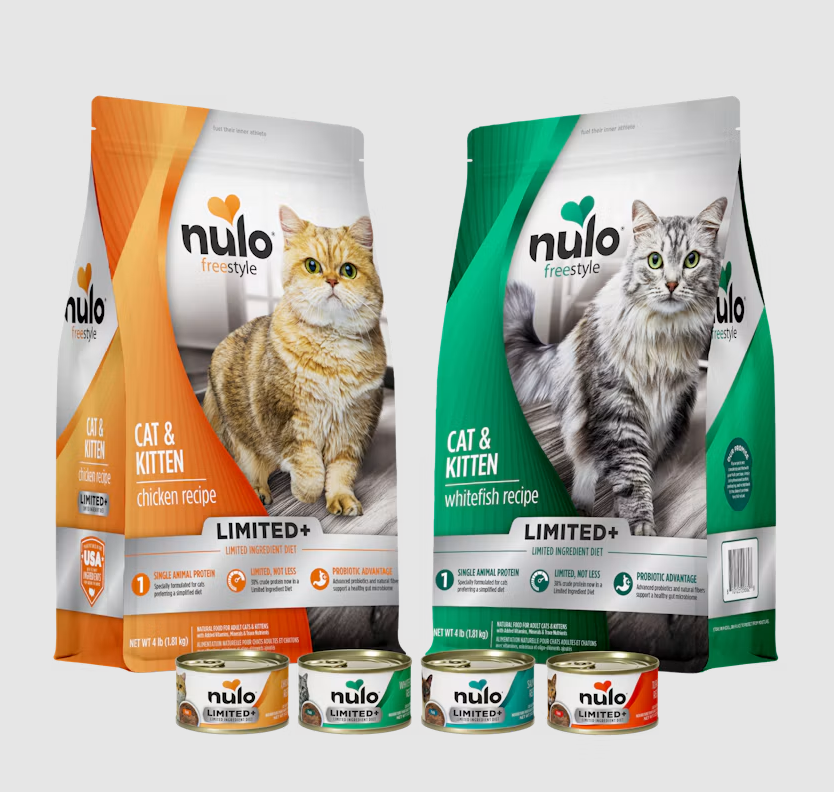 Nulo Freestyle cat and kitten food packaging in chicken and whitefish recipes with canned wet food products