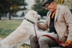 Senior man in beige blazer petting white dog on park bench