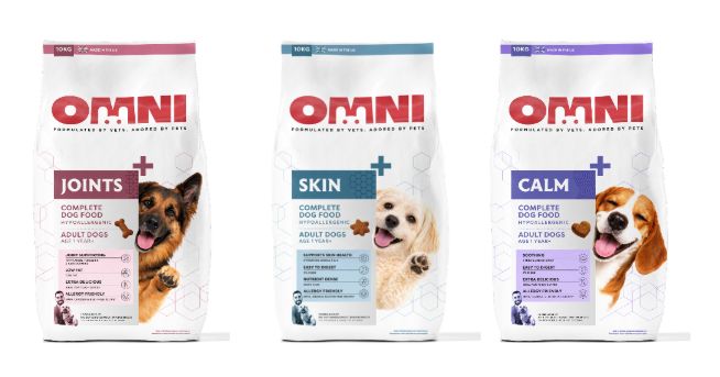 Three OMNI dog food bags for joints, skin, and calm health formulas with adult dogs