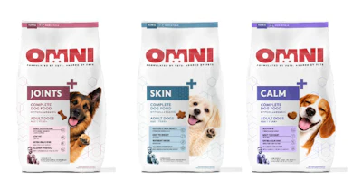 Three OMNI dog food bags for joints, skin, and calm health formulas with adult dogs
