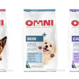 Three OMNI dog food formula bags with Joints, Skin, and Calm variants featuring dogs and product details