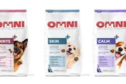 Three OMNI dog food formula bags with Joints, Skin, and Calm variants featuring dogs and product details