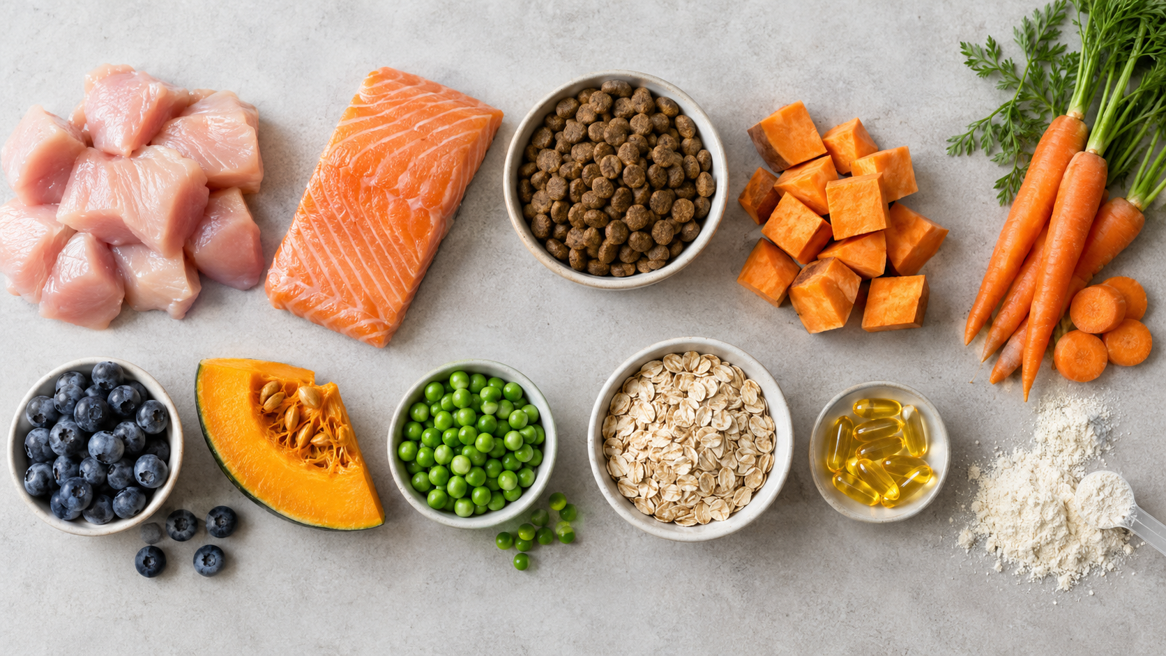 Healthy pet food ingredients including salmon, chicken, blueberries, sweet potato, carrots, oats, and supplements arranged on gray background