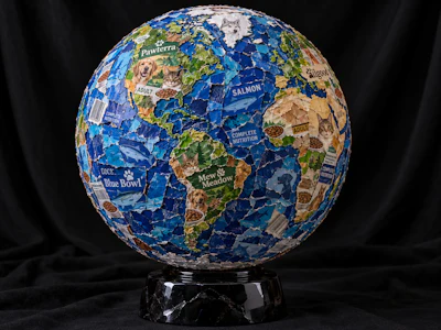Decorative globe crafted from pet food brand packaging featuring blue oceans and green continents on a black marble stand