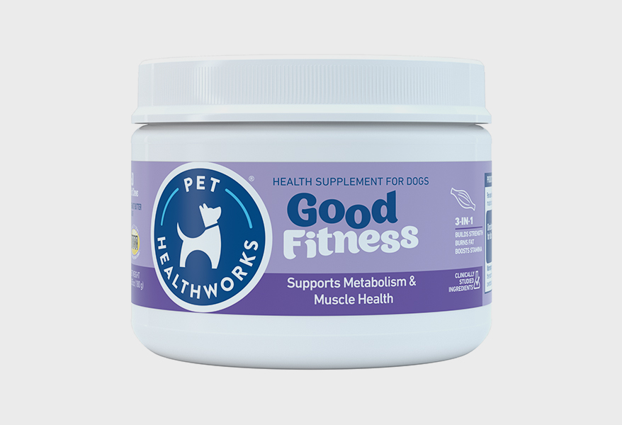 Pet Healthworks Good Fitness dog health supplement jar with purple label supporting metabolism and muscle health