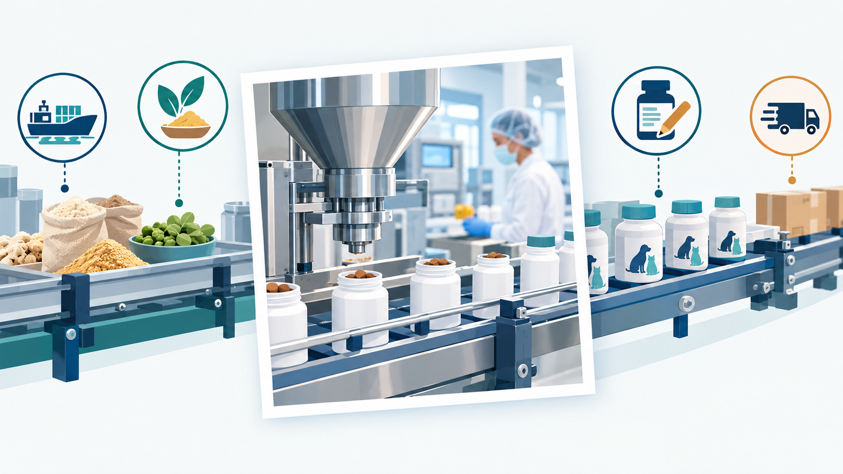 Food and pharmaceutical manufacturing process showing raw materials, industrial processing equipment, and packaged products with logistics icons.