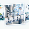 Food and pharmaceutical manufacturing process showing raw materials, industrial processing equipment, and packaged products with logistics icons.