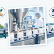 Food and pharmaceutical manufacturing process showing raw materials, industrial processing equipment, and packaged products with logistics icons.