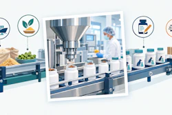 Food and pharmaceutical manufacturing process showing raw materials, industrial processing equipment, and packaged products with logistics icons.