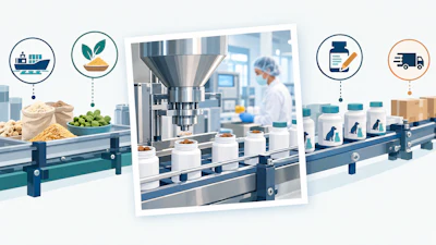 Food and pharmaceutical manufacturing process showing raw materials, industrial processing equipment, and packaged products with logistics icons.