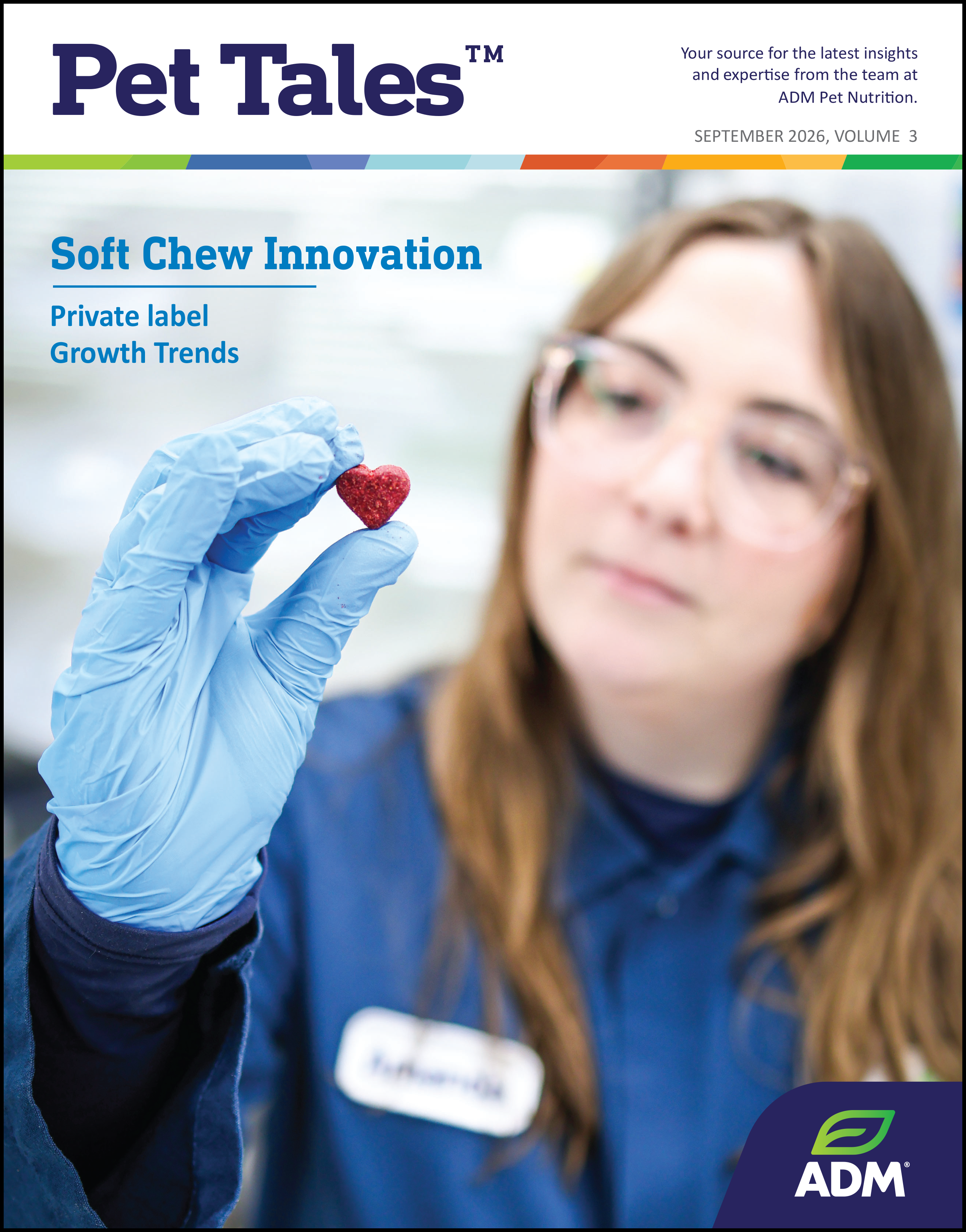 Pet Tales magazine cover featuring soft chew innovation research with scientist holding red heart-shaped product sample