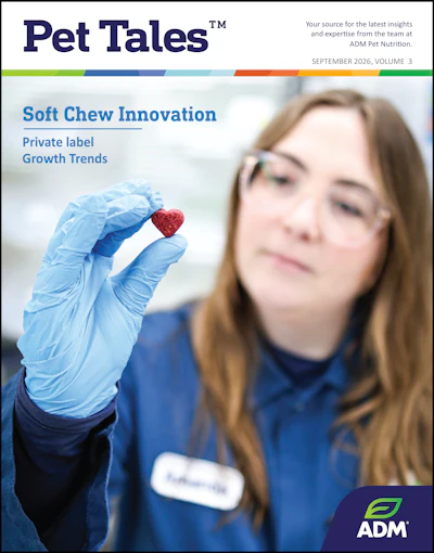 Pet Tales magazine cover featuring soft chew innovation research with scientist holding red heart-shaped product sample