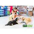 Woman demonstrating pet treats to two dogs in pet store with petLENS logo