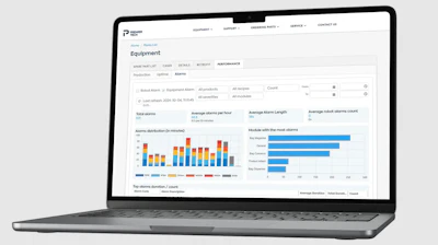 Equipment management dashboard showing alarm distribution charts and performance metrics on laptop screen