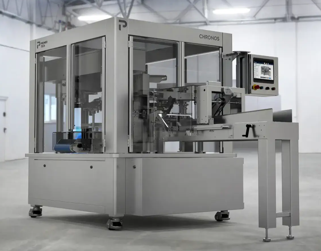 Industrial CNC precision manufacturing machine with gray enclosure and control panel in modern factory warehouse