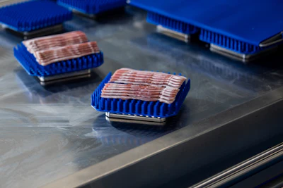 Packaged bacon or cured meat in blue hinged containers on a stainless steel surface in a commercial kitchen or retail setting