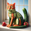 Vegetable art cat made from cucumbers, carrots, and peppers sitting on a sunny windowsill