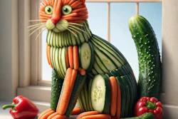 Vegetable art cat made from cucumbers, carrots, and peppers sitting on a sunny windowsill