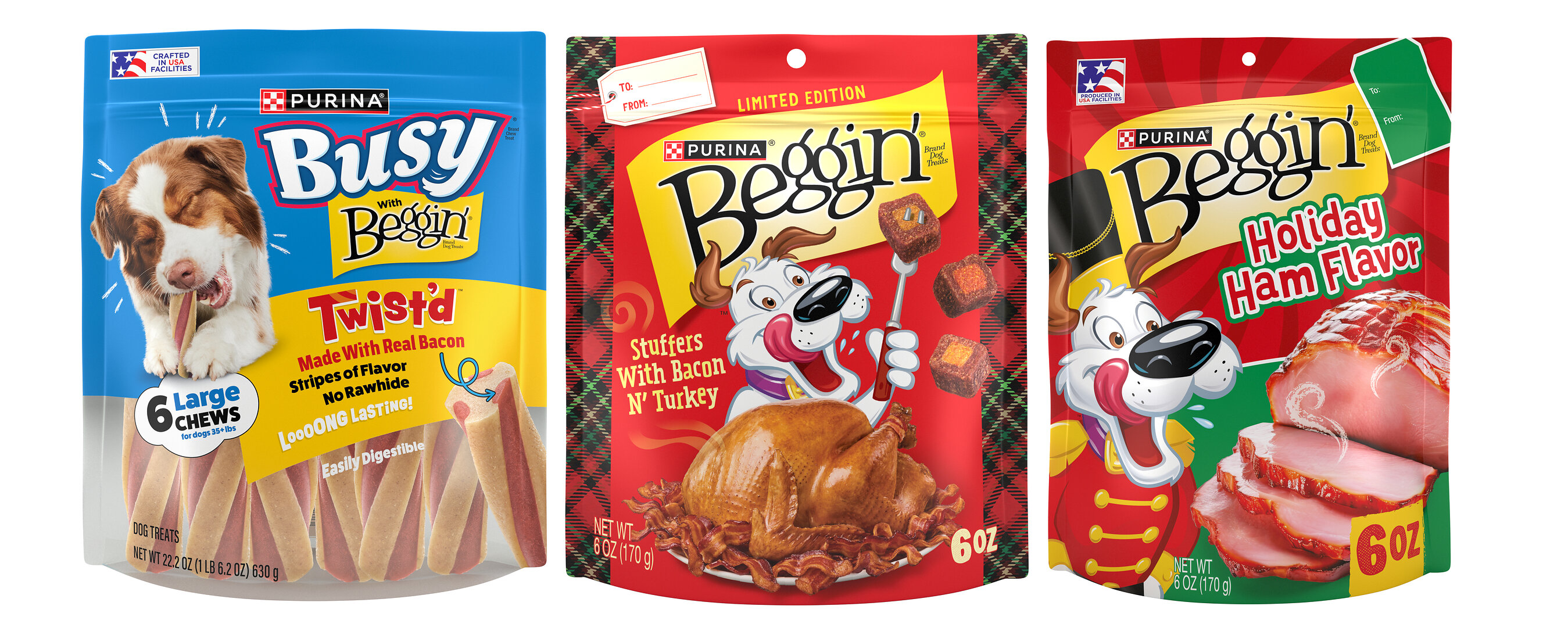 Three Purina dog treat packages: Busy Bone, Beggin' Stuffers, and Beggin' Holiday Ham Flavor varieties