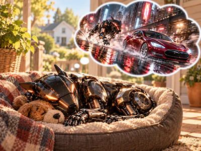 Black robot toy sleeping in bed with dream bubble showing red Tesla car and transformer robot in futuristic city