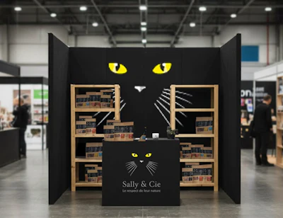 Sally & Cie retail booth with black cat face design and wooden shelving displaying products at a trade show