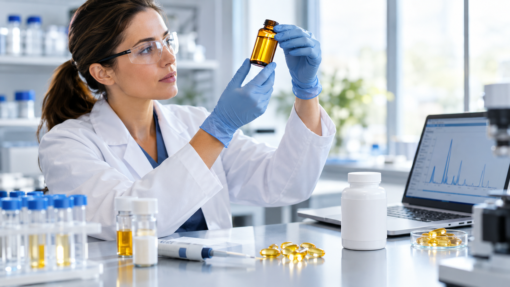Female scientist examining golden liquid sample in laboratory with pharmaceutical research equipment and data analysis