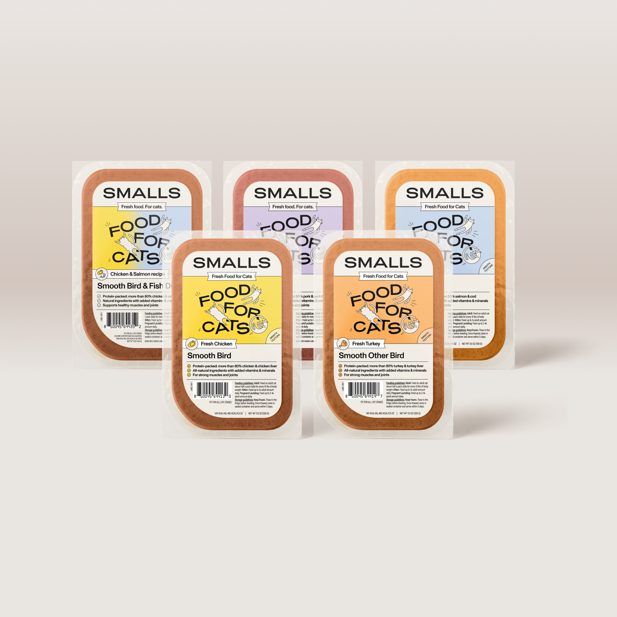 Five SMALLS cat food packaging containers displaying fresh poultry varieties in brown and colorful label designs