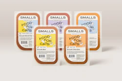 Five SMALLS cat food packaging containers displaying fresh poultry varieties in brown and colorful label designs