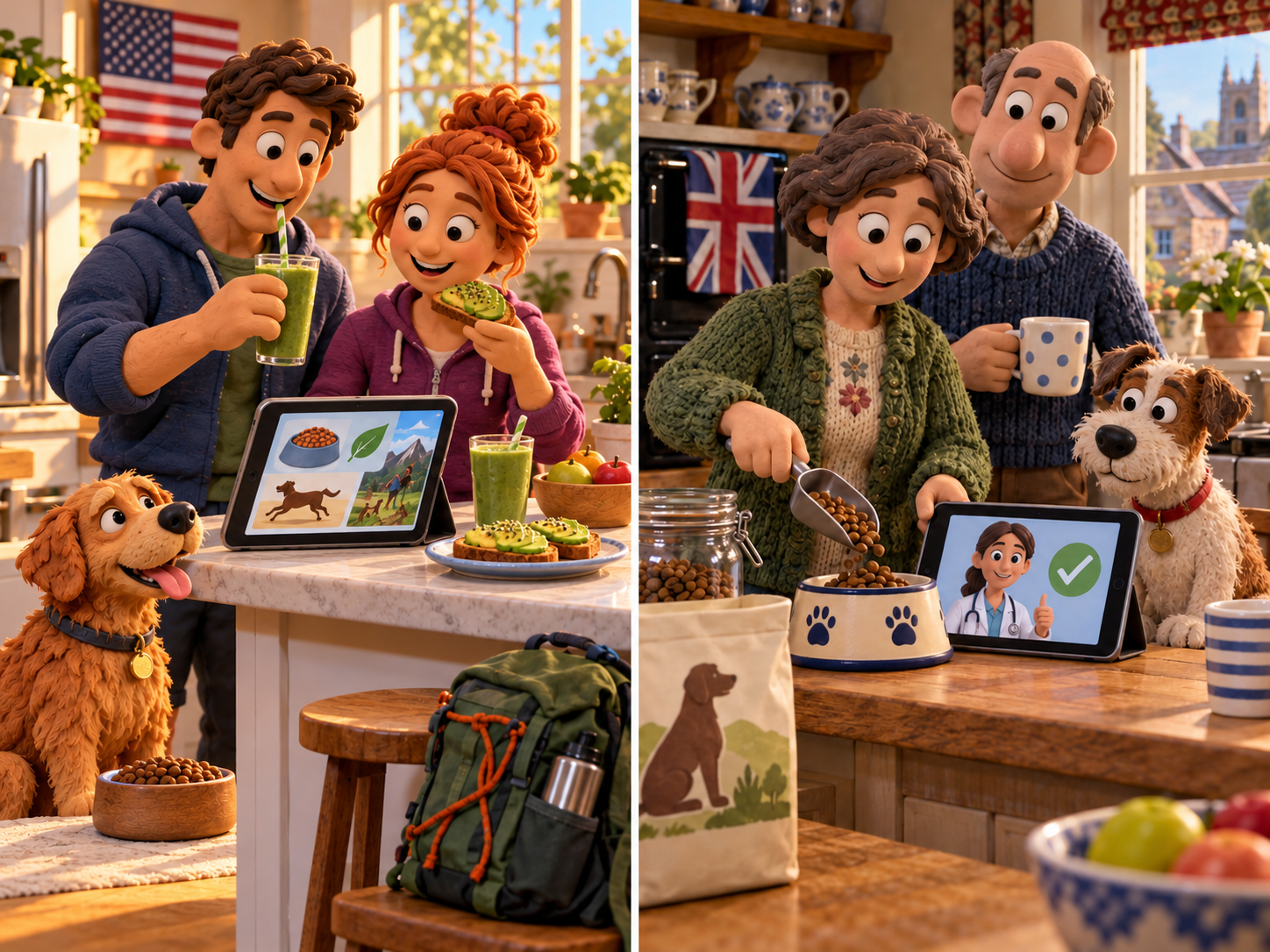 Animated family scenes showing adults and children with dogs enjoying meals and beverages in cozy homes decorated with American and British flags.