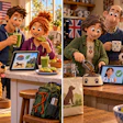 Animated family scenes showing adults and children with dogs enjoying meals and beverages in cozy homes decorated with American and British flags.