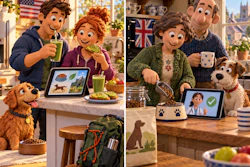 Animated family scenes showing adults and children with dogs enjoying meals and beverages in cozy homes decorated with American and British flags.