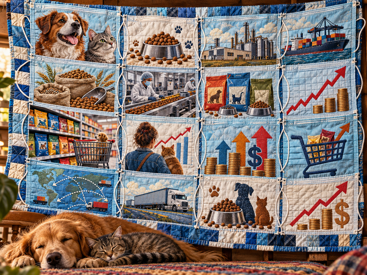 Blue and cream quilted blanket with panels depicting dogs, cats, pet food, shipping, retail shopping, and financial growth charts
