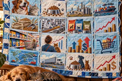 Blue and cream quilted blanket with panels depicting dogs, cats, pet food, shipping, retail shopping, and financial growth charts
