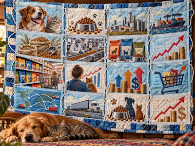 Blue and cream quilted blanket with panels depicting dogs, cats, pet food, shipping, retail shopping, and financial growth charts