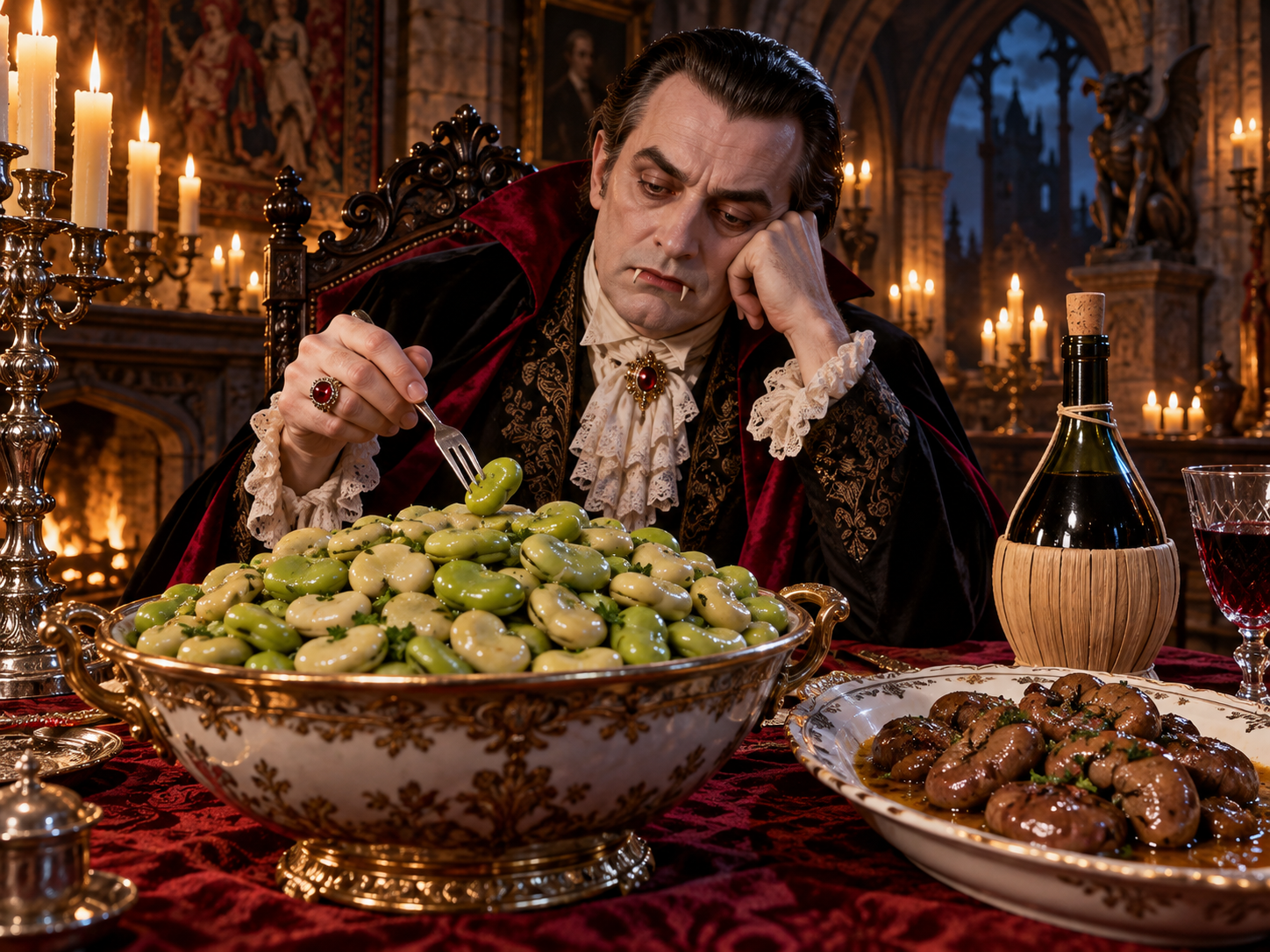 Aristocratic man in period costume dining alone in candlelit Gothic hall with wine and grapes