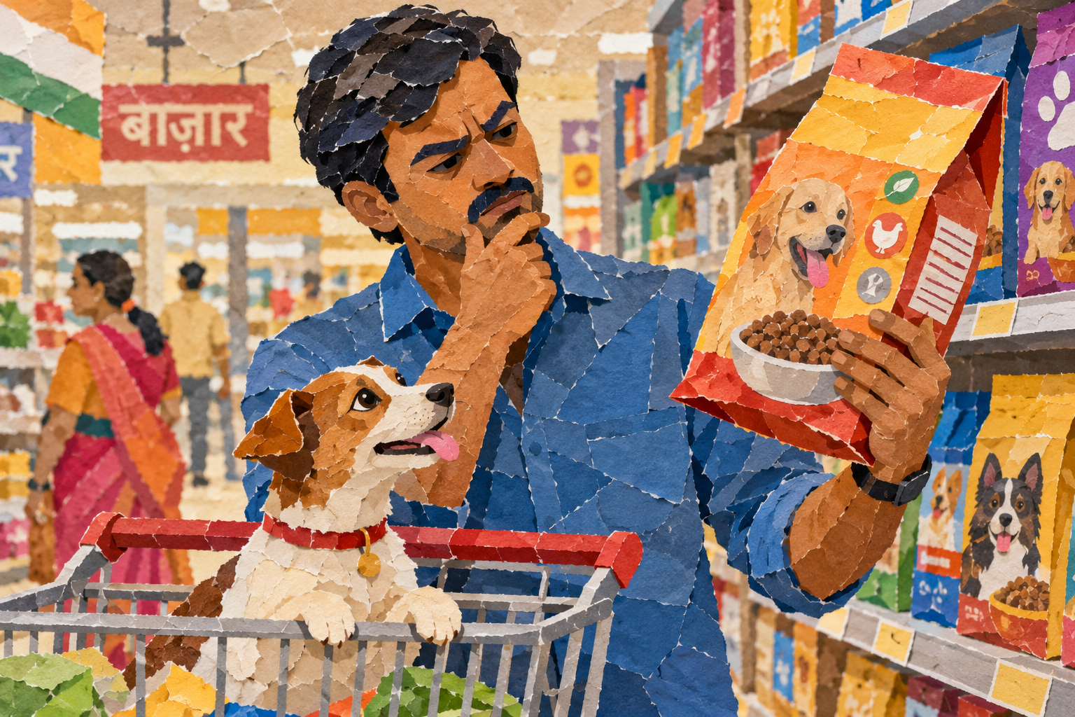 Man with dog shopping for pet food in colorful supermarket aisle