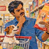 Man with dog shopping for pet food in colorful supermarket aisle