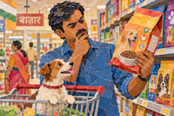 Man with dog shopping for pet food in colorful supermarket aisle