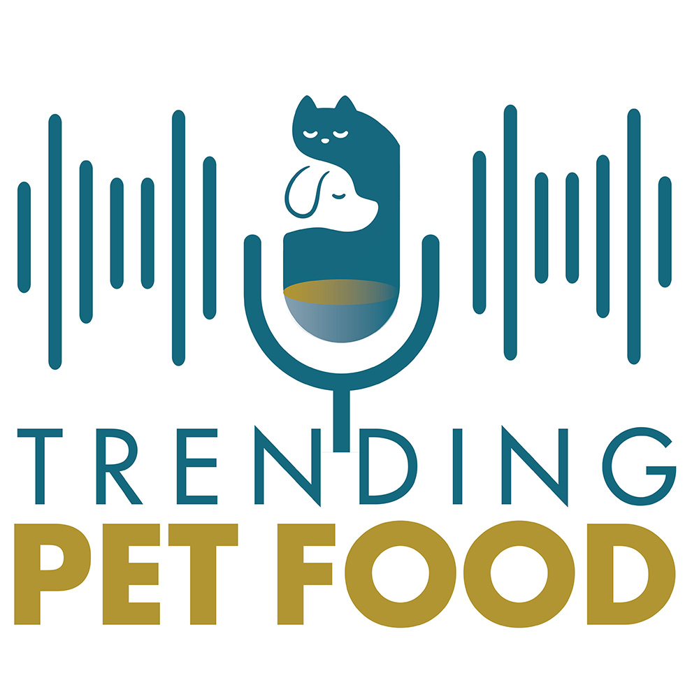 Trending Pet Food logo featuring a teal cat holding a fish with audio waveform graphics and gold text